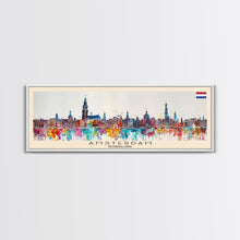 Load image into Gallery viewer, Amsterdam Netherlands Travel Art, City Art, Framed Canvas Print or Metal Wall Art, Europe Travel Poster, Panoramic Wall Art, Extra Wide Wall Art