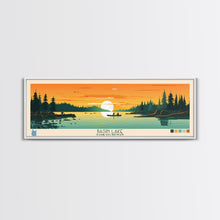 Load image into Gallery viewer, Basin Lake Saskatchewan Framed Canvas Print, Panoramic Wall Art, Midcentury Modern Lake House Decor, Pop Art, Travel Poster, Scenic Living Room Art