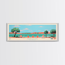Load image into Gallery viewer, Brantley Lake New Mexico Framed Canvas Print, Midcentury Modern Panoramic Wall Art, Living Room Decor, Pop Art, Travel Poster Art, Scenic Nature Painting