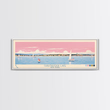 Cargar imagen en el visor de la galería, Chautauqua Lake New York Framed Canvas Print, Pop Art Panoramic Travel Poster, Midcentury Modern, Wall Art, Scenic Nature Painting, Bedroom Decor, Living Room Art