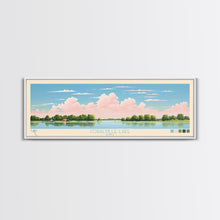 Load image into Gallery viewer, Coralville Lake Iowa Framed Canvas Print, Midcentury Modern Panoramic Wall Art, Living Room Decor, Pop Art, Travel Poster Art, Scenic Nature Painting, Lake House Decor