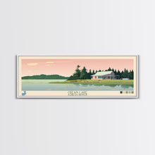 Load image into Gallery viewer, Crean Lake Saskatchewan Framed Canvas Print, Midcentury Modern Panoramic Wall Art, Living Room Decor, Pop Art, Travel Poster Art, Scenic Nature Painting, Lake House Decor