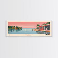 Load image into Gallery viewer, Dallas Lake Indiana Framed Canvas Print, Midcentury Modern Panoramic Wall Art, Bedroom Decor, Pop Art, Travel Poster Art, Scenic Nature Painting