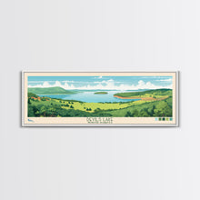 Load image into Gallery viewer, Devils Lake North Dakota Framed Canvas Print, Midcentury Modern Panoramic Wall Art, Living Room Decor, Pop Art, Travel Poster Art, Scenic Nature Painting