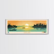 Load image into Gallery viewer, Dore Lake Saskatchewan Framed Canvas Print, Midcentury Modern Panoramic Wall Art, Living Room Decor, Pop Art, Travel Poster Art, Scenic Nature Painting