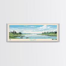Load image into Gallery viewer, Elk Lake Michigan Framed Canvas Print, Panoramic Wall Art, Midcentury Modern, Pop Art, Bedroom Decor, Travel Poster, Nature Art