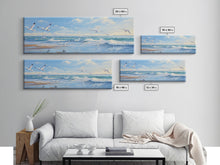 Load image into Gallery viewer, Blue Beach, Ocean Waves & Seagulls Panoramic Framed Canvas Print - Perfect for Living Room, Bedroom, Office Decor