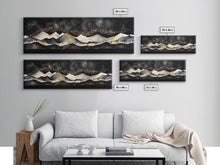 Load image into Gallery viewer, Black & Gold Mountain Landscape Painting, Framed Canvas Print, Panoramic Art, Extra Wide Art, Center Piece Decor, Above Fireplace or Sofa