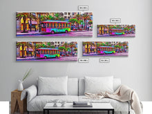Load image into Gallery viewer, Colorful Vibrant Tram Wall Art, Palm Trees Art Print, Colored Pencil Sketch, Framed Canvas, Abstract Art, Panoramic, Wall Art, Canvas Print