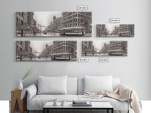 Load image into Gallery viewer, Detailed Street Sketch Canvas Print, City Wall Art, Bus, Cars, Buildings, Monochromatic Urban Art Print, Panoramic, Wall Art, Canvas Print