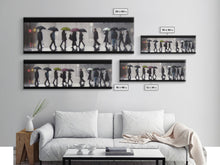 Load image into Gallery viewer, Crowd Walking With Umbrellas Canvas Print, Raining City Art, Urban Art, Large Urban Art Print, Wall Decor, Panoramic, Wall Art, Canvas Print