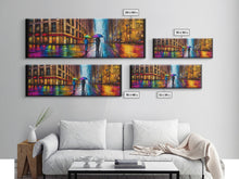 Cargar imagen en el visor de la galería, Colorful Umbrellas City Canvas Print, Large Urban Art Print, Two People Walking On Street, Vibrant Art, Panoramic, Wall Art, Canvas Print