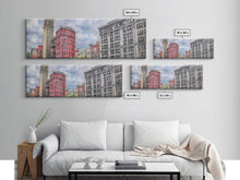 Cargar imagen en el visor de la galería, Colored Pencil City Canvas Print, Large Urban Art Print, Cityscape Art, Buildings, Red, Vibrant Art, Panoramic, Wall Art, Canvas Print