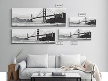 Load image into Gallery viewer, Black And White Suspension Bridge Canvas Print, Large Urban Art Print, Sailboat, River, Landscape, Panoramic, Wall Art, Canvas Print