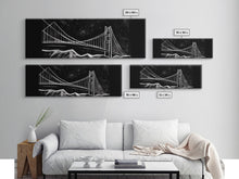 Load image into Gallery viewer, Black And White Suspension Bridge Canvas Print, Large Urban Art Print, Line Art, Chalk Wall Decor, Panoramic, Wall Art, Canvas Print