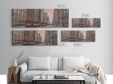 Cargar imagen en el visor de la galería, Colored Pencil Streetcar Urban Art Print, Red Train, Tram In The City, Sketch Art, City Art, Urban Print, Panoramic, Wall Art, Canvas Print