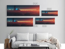 Load image into Gallery viewer, Cyberpunk Cityscape, Ready To Hang Canvas Print, Panoramic, Cyberpunk Concept Art, Cityscape at Sunset, Cool mancave art, gift for him