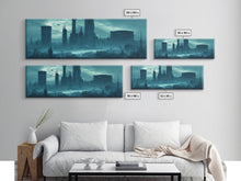 Load image into Gallery viewer, Dystopian Cyberpunk Metropolis, Steampunk Mashup, Extra Large Wall Art, Framed Panoramic Canvas Print, Framed Wall Art