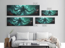 Load image into Gallery viewer, Rise Of Cthulhu Framed Canvas Print, Panoramic Call of Cthulhu H.P. Lovecraft Cosmic Horror Steampunk Gothic Darrk Art Wall Decor