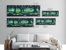 Cargar imagen en el visor de la galería, Fantasy Forest At Night With Fireflies, Extra Large Wall Art, Framed Panoramic Canvas Print, Framed Wall Art