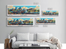 Load image into Gallery viewer, Durham North Carolina Panoramic Travel Poster Framed Canvas Print, Mid Century Modern Art, Pop Art Style, Wall Art Decor, Home Decoration