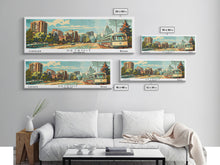 Load image into Gallery viewer, Detroit Michigan Panoramic Wall Art, Mid Century Modern Framed Canvas Print, Retro Pop Art Travel Poster, Office Art, Living Room Decor