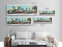 Carregar imagem no visualizador da galeria, Fort Worth Texas Panoramic Wall Art, Mid Century Modern Framed Canvas Print, Retro Pop Art Travel Poster, Office Art, Living Room Decor