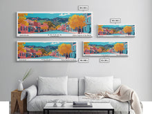 Load image into Gallery viewer, Arvada Colorado Panoramic Painting, Mid Century Modern Framed Canvas Print, Retro Pop Art Travel Poster, Living Room Wall Art, City Print