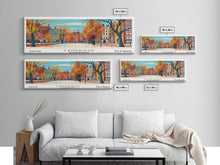 Carregar imagem no visualizador da galeria, Cambridge Massachusetts Panoramic Painting, Mid Century Modern Framed Canvas Print, Retro Pop Art Travel Poster, Home Decor, City Print
