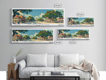Load image into Gallery viewer, College Station Texas Panoramic Painting, Mid Century Modern Framed Canvas Print, Retro Pop Art Travel Poster, Living Room Art, Home Decor