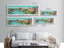 Load image into Gallery viewer, Davenport Iowa Panoramic Wall Art, Mid Century Modern Framed Canvas Print, Retro Pop Art Travel Poster, City Art Gift, Home Decor