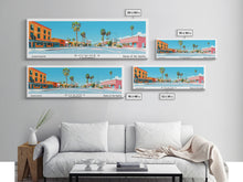 Load image into Gallery viewer, Downey California Panoramic Wall Art, Mid Century Modern Framed Canvas Print, Retro Pop Art Travel Poster, City Living Room Decor, Home Decor