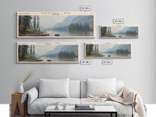 Load image into Gallery viewer, Bowman Lake Montana Framed Canvas Print, Panoramic Lake House Decor, Wall Art, Travel Poster, Rustic Lake Painting, Nature Art