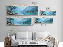 Load image into Gallery viewer, Diablo Lake Washington Framed Canvas Print, Lake House Art, Panoramic Wall Art, Travel Poster, Minimalist Lake Painting, Home Decor