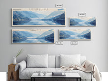 Load image into Gallery viewer, Donner Lake California Framed Canvas Print, Lake House Decor, Panoramic Wall Art, Travel Poster, Modern Lake Painting, Nature Art