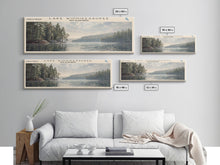 Load image into Gallery viewer, Lake Winnipesaukee Framed Canvas Print, Lake House Decor, Panoramic Wall Art, Travel Poster, Landscape Painting, Modern Art