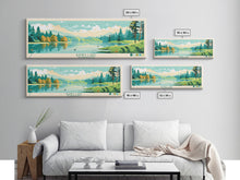Load image into Gallery viewer, Banks Lake Washington Framed Canvas Print, Panoramic Wall Art, Midcentury Modern, Pop Art, Travel Poster, Scenic Lake House Art