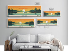 Load image into Gallery viewer, Basin Lake Saskatchewan Framed Canvas Print, Panoramic Wall Art, Midcentury Modern Lake House Decor, Pop Art, Travel Poster, Scenic Living Room Art