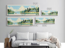 Load image into Gallery viewer, Bass Lake Indiana Framed Canvas Print, Panoramic Travel Poster, Midcentury Modern Wall Art, Pop Art, Nature Bedroom Decor, Lake House Art, Scenic Lake House