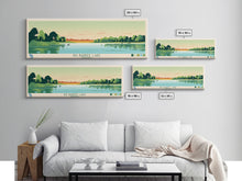 Load image into Gallery viewer, Big Barbee Lake Indiana Framed Canvas Print, Panoramic Travel Poster, Midcentury Modern Wall Art, Pop Art, Nature Living Room Art, Lake House Decor