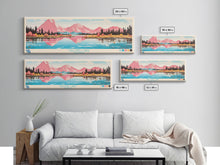 Carregar imagem no visualizador da galeria, Calling Lake Alberta Framed Canvas Print, Midcentury Modern Panoramic Wall Art, Living Room Decor, Pop Art, Travel Poster Art, Scenic Nature Painting