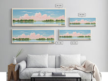 Load image into Gallery viewer, Coralville Lake Iowa Framed Canvas Print, Midcentury Modern Panoramic Wall Art, Living Room Decor, Pop Art, Travel Poster Art, Scenic Nature Painting, Lake House Decor