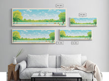 Load image into Gallery viewer, Crab Orchard Lake Illinois Framed Canvas Print, Midcentury Modern Panoramic Wall Art, Living Room Decor, Pop Art, Travel Poster Art, Scenic Nature Painting, Lake House Decor