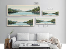 Load image into Gallery viewer, Donner Lake California Framed Canvas Print, Midcentury Modern Panoramic Wall Art, Bedroom Decor, Pop Art, Travel Poster Art, Scenic Nature Painting