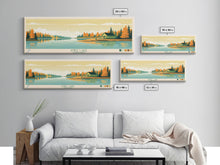 Load image into Gallery viewer, Knee Lake Manitoba Framed Canvas Print, Panoramic Wall Art, Midcentury Modern, Pop Art, Bedroom Art, Travel Poster, Lake House Art