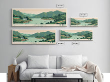 Load image into Gallery viewer, Lake Nacimiento California Framed Canvas Print, Panoramic Wall Art, Midcentury Modern, Pop Art, Living Room Decor, Travel Poster, Lake House Art