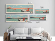 Load image into Gallery viewer, West Okoboji Lake, Iowa Panoramic Framed Canvas Print, Lake House Art, Midcentury Modern Decor, Pop Art, Travel Poster, Bedroom Wall Art
