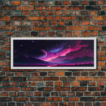 Load image into Gallery viewer, Beautiful Science Fiction Wall Art, Synthwave Style Scifi Art, Framed Canvas Print, Panoramic Alien Worlds and Star Filled Night Sky