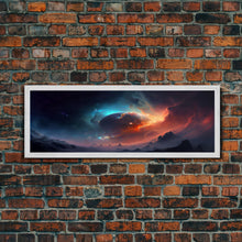 Load image into Gallery viewer, Beautiful Science Fiction Wall Art, Synthwave Style Scifi Art, Framed Canvas Print, Panoramic Alien Worlds and Star Filled Night Sky