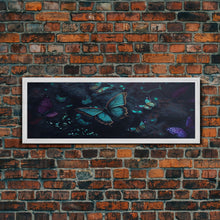 Load image into Gallery viewer, Blue Butterflies, Framed Canvas Print, Bioluminescent Glowing Butterfly Art, Framed Wall Art